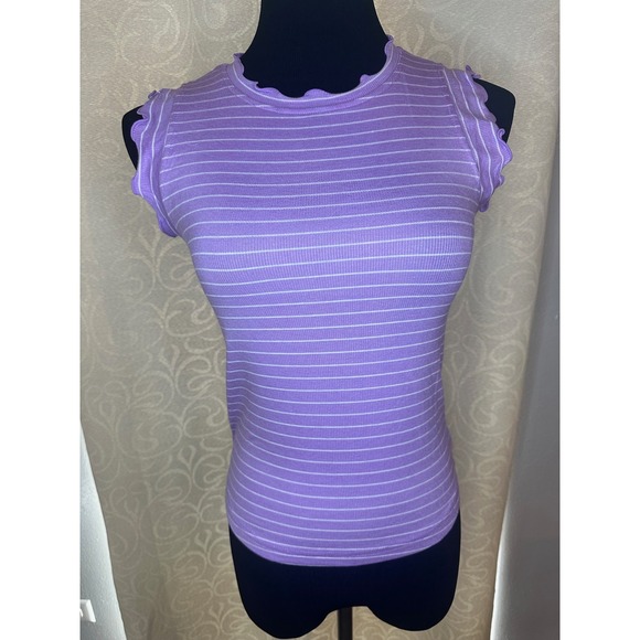 Zenana Tops - Zenana Lavender Ribbed Striped Top Size Ruffle Trim Stretch Fitted Summer Tee-L